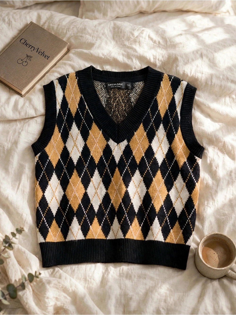 SHEIN CURVE Black/White/Tan Argyle Ribbed V-Neck Knit Pullover Sweater 1X